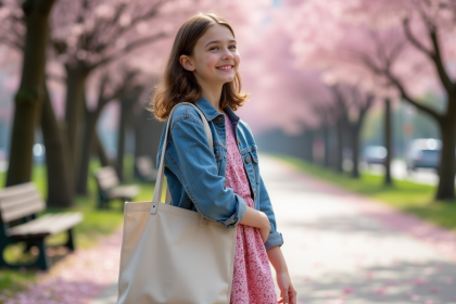 Jeune fille souriante dans un parc au printemps avec sac en toile