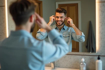 Jeune homme souriant se coiffant devant miroir