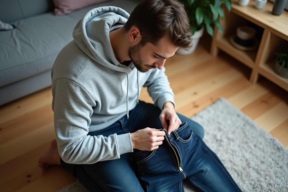 Jeune homme couse un zip dans un jean en denim à la maison