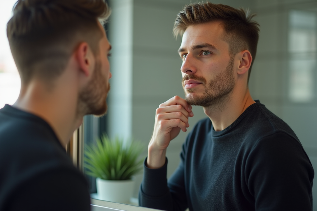Jeune homme se regardant dans un miroir de salle de bain