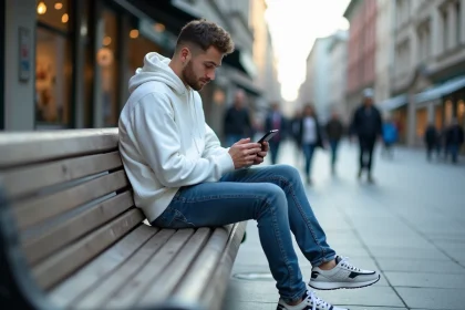 Jeune homme en hoodie blanc utilisant son smartphone en ville