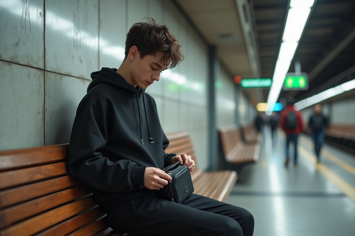 Jeune homme en streetwear moderne avec sac à bandoulière dans une gare