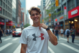 Jeune homme décontracté dans la ville ajustant son t-shirt logo