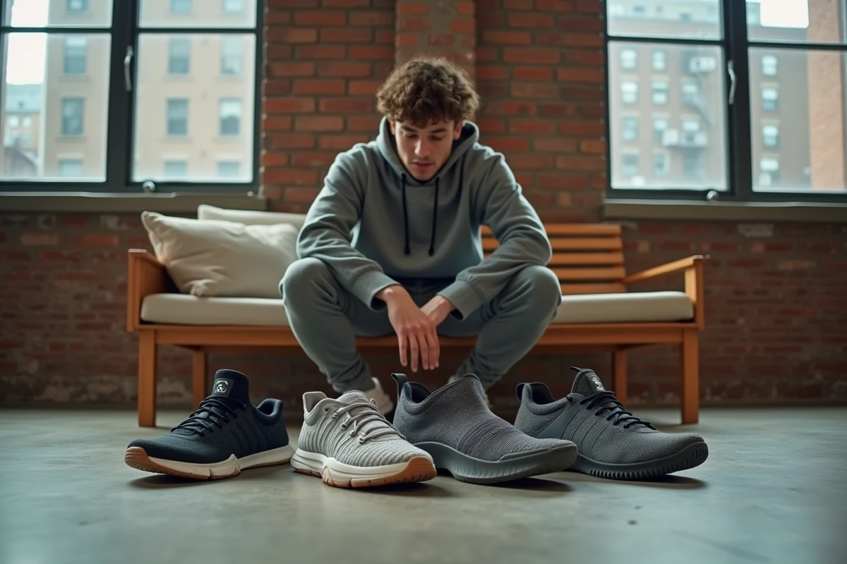 Jeune homme examinant des sneakers dans un loft moderne