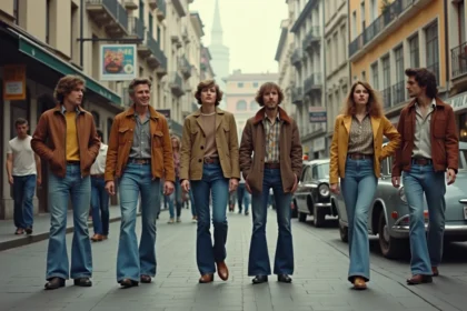 Groupe de jeunes adultes dans la rue des ann&eacute;es 70