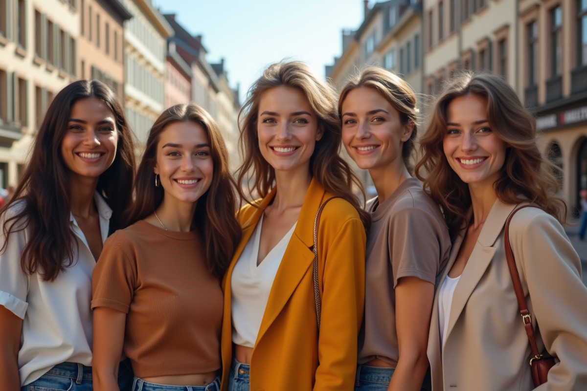 Groupe de jeunes femmes diverses dans une place européenne en plein jour