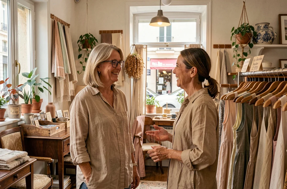 Cliente souriante discutant avec la propriétaire de La Bobo de Vauban dans cette boutique chaleureuse à Marseille
