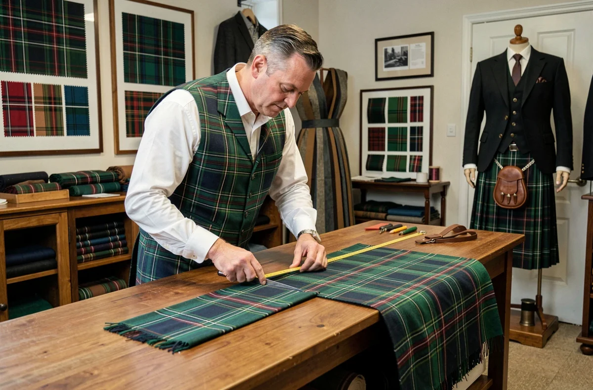 Un spécialiste taille un kilt en tartan dans l'atelier La Maison du Kilt, accessible depuis les Hauts-de-Seine