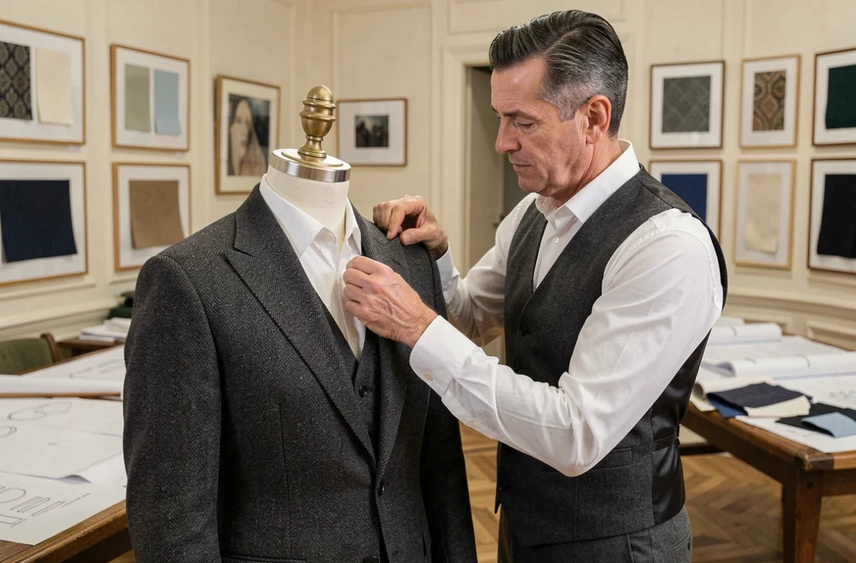 Un tailleur chevronné épingle le revers d'un costume sur mesure dans l'atelier Les Nouveaux Ateliers à Neuilly-sur-Seine