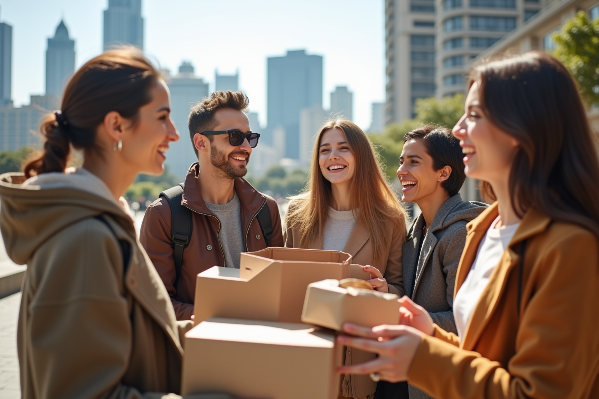 Groupe de personnes recevant des colis Zalando en plein air