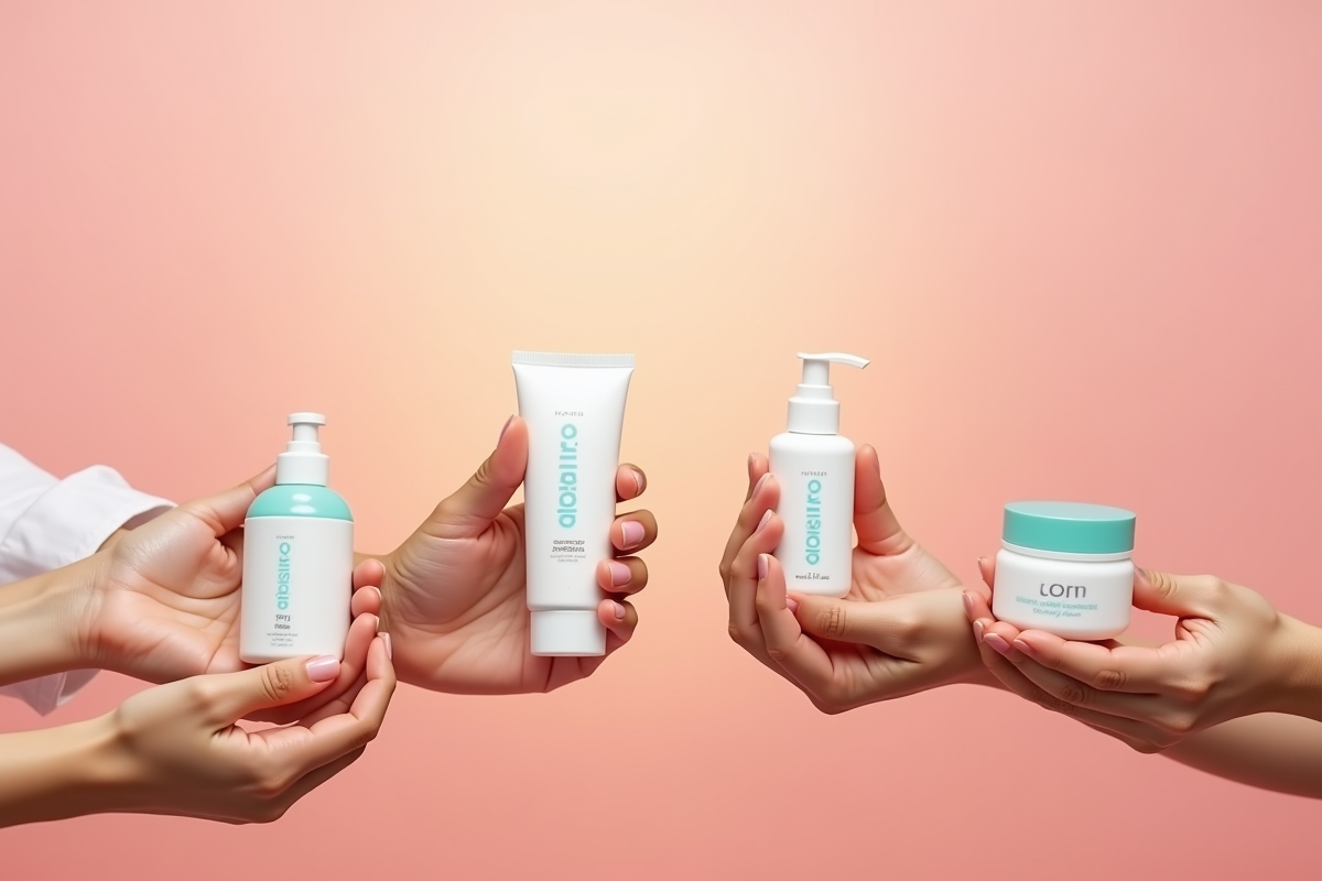 Groupe de mains tenant des produits de soin coréens sur fond pastel lumineux