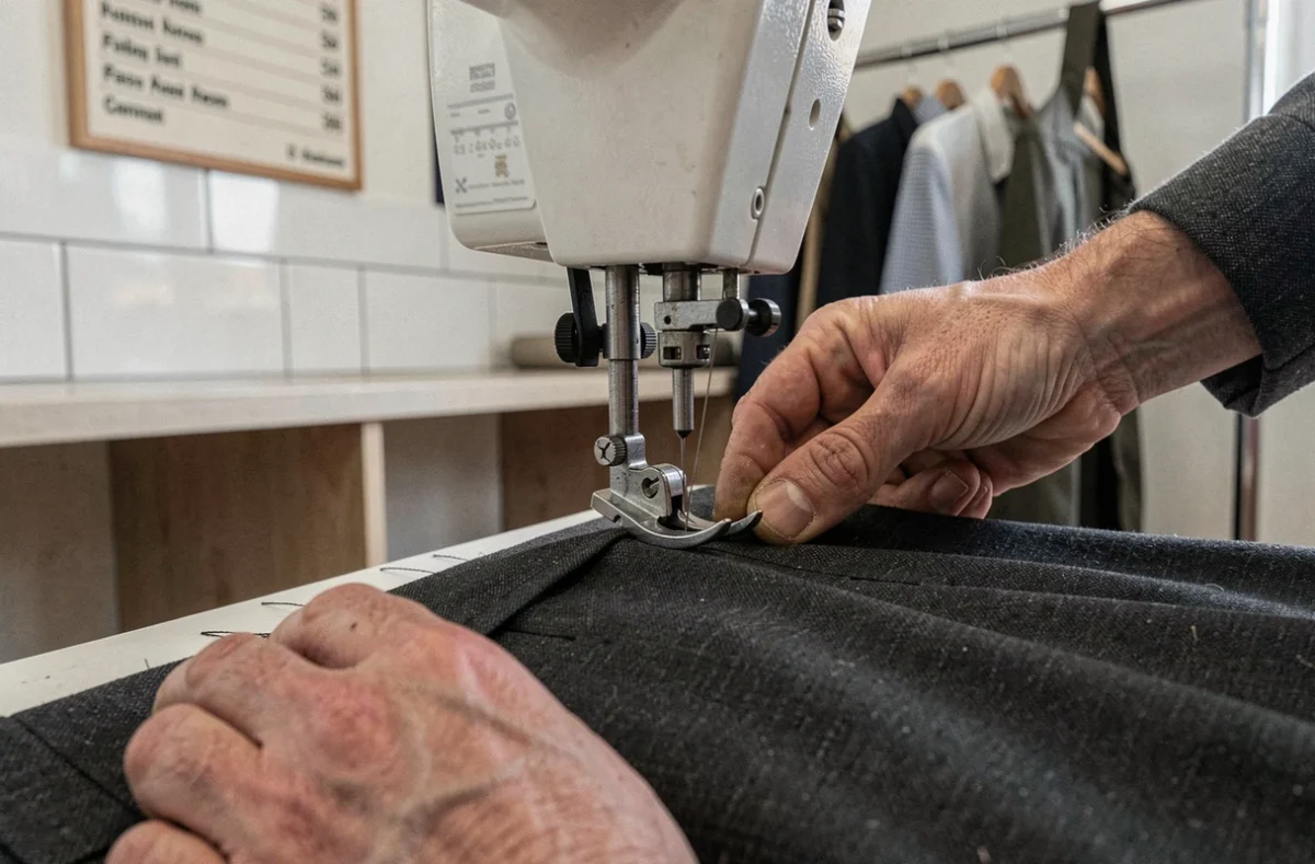 Gros plan sur les mains d'un tailleur cousant l'ourlet d'un pantalon sous une machine à coudre professionnelle