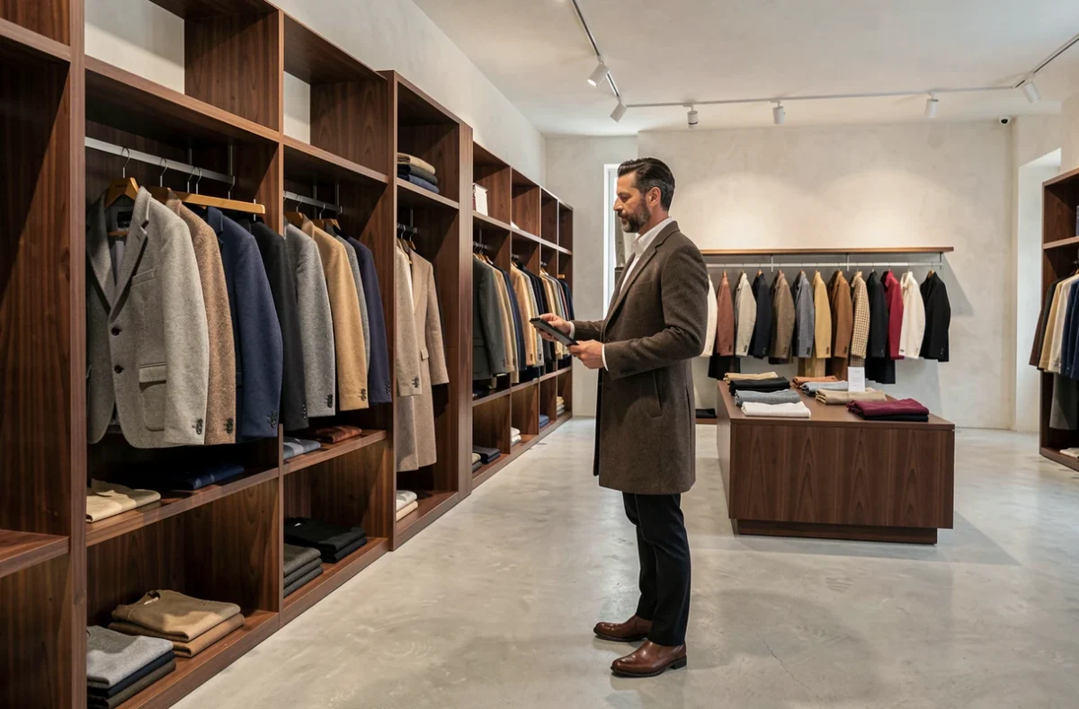 Intérieur de la boutique Maison Mère à Marseille avec un styliste examinant une veste structurée