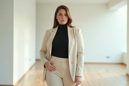 Mannequin grande taille en blazer crème posant dans un studio minimaliste, illustrant les standards du mannequinat grande taille