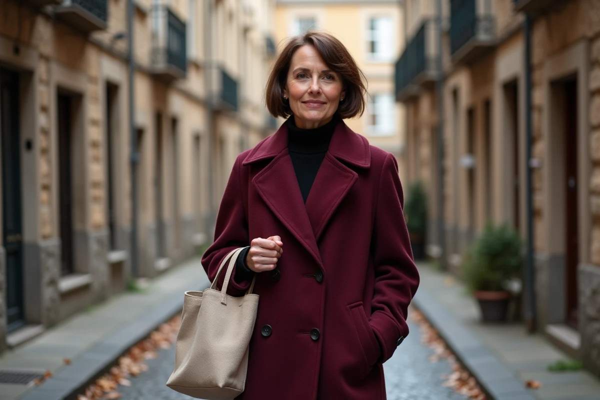 Femme portant un manteau coupe trapèze en laine bordeaux dans une rue pavée européenne en automne, exemple concret de la forme trapèze dans la mode vestimentaire