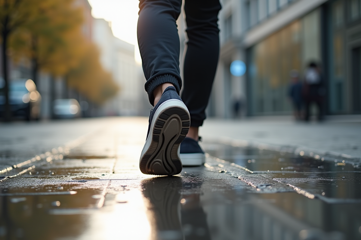 Personne marchant sur un trottoir humide en ville