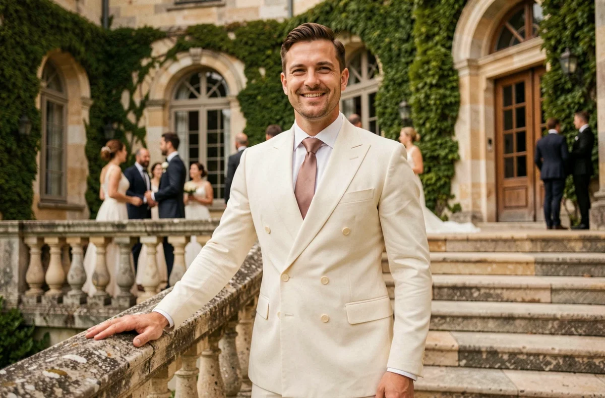 Marié en costume ivoire avec noeud Windsor rose poudré devant un château français lors d'un mariage élégant