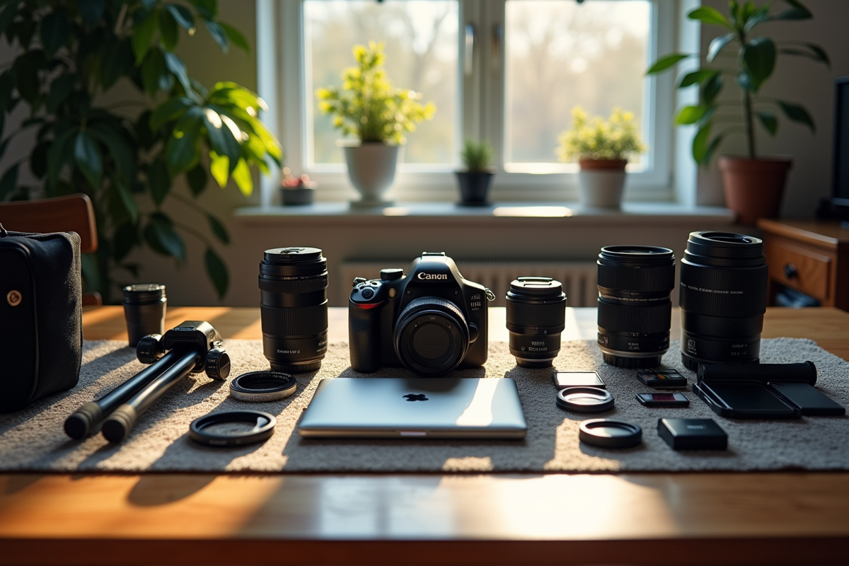 Matériel de photographe disposé sur une table en bois