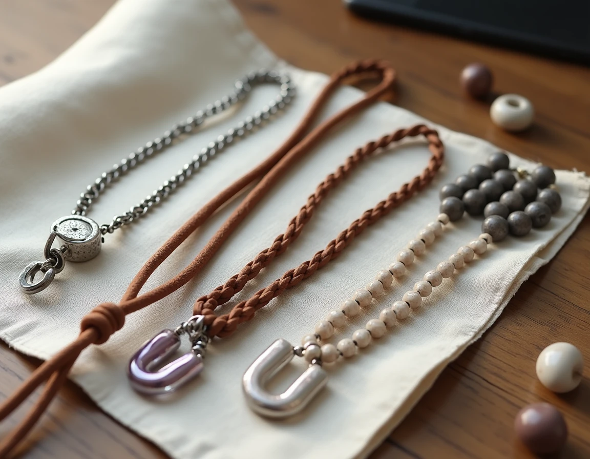 Assortiment de chaînes de téléphone en différentes matières, métal, cuir tressé, perles et acrylique, posées sur un tissu en lin naturel