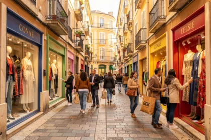 Vue d'ensemble d'une rue commerçante animée à Marseille avec des boutiques de vêtements indépendantes et des passants stylés