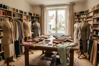 Vue d'ensemble d'un atelier de tailleur artisanal dans les Hauts-de-Seine, avec des formes de mannequins, des tissus fins et des outils de couture