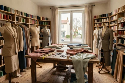 Vue d'ensemble d'un atelier de tailleur artisanal dans les Hauts-de-Seine, avec des formes de mannequins, des tissus fins et des outils de couture