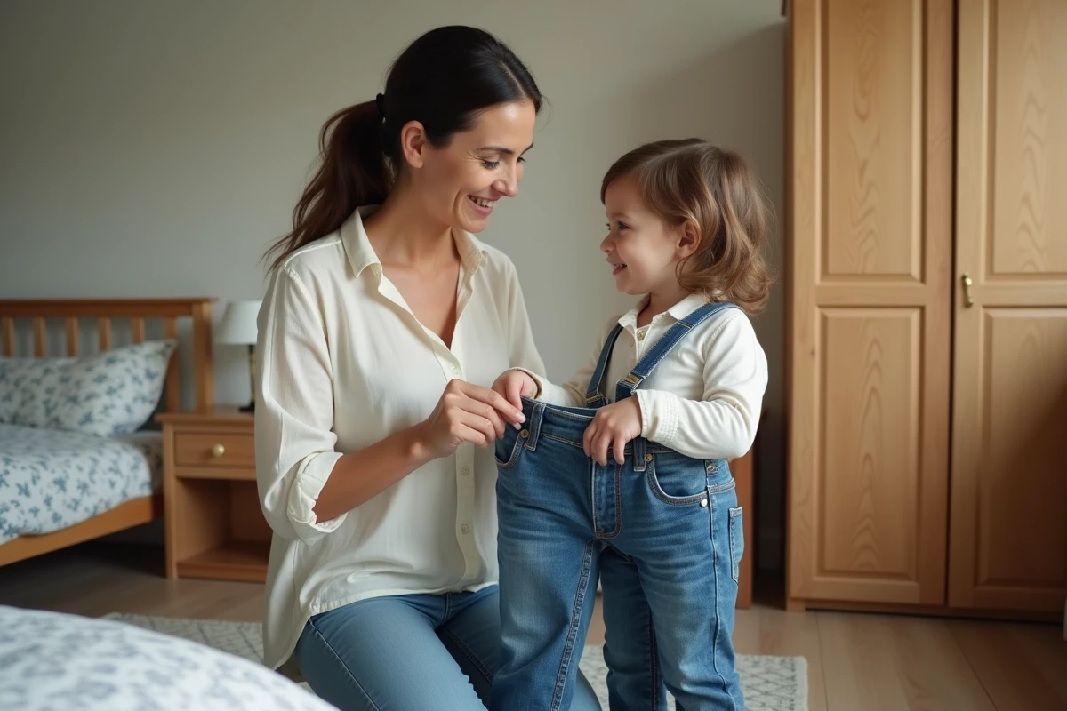 Mère mesurant un vêtement taille 116 contre son enfant dans une chambre d'enfant