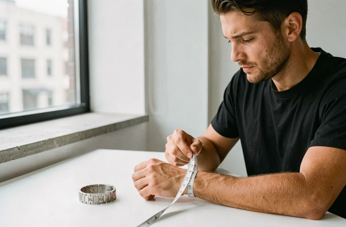 Homme mesurant son poignet avec un mètre ruban souple pour choisir la bonne taille de bracelet gravé en acier inoxydable