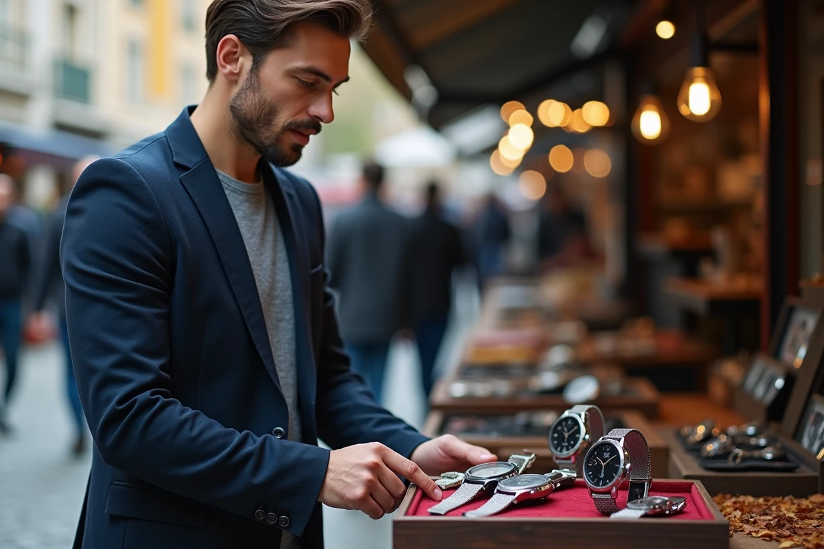 Homme choisissant une montre personnalisable abordable sur un marché urbain en automne