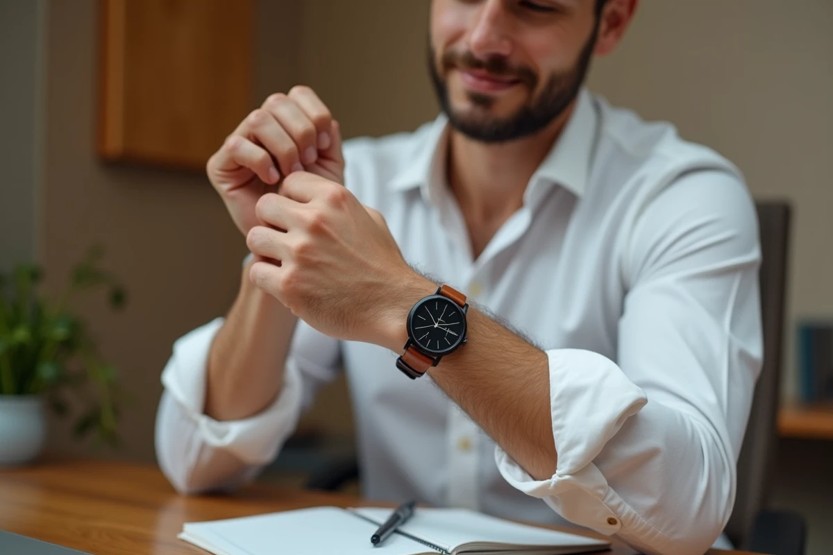 Homme examinant sa montre personnalisée avec bracelet en cuir cognac dans un bureau moderne