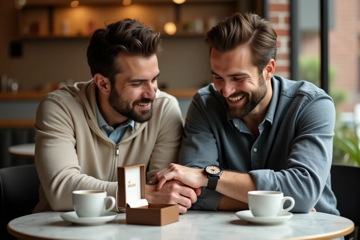Deux hommes discutant d'une montre personnalisée dans un café de style scandinave