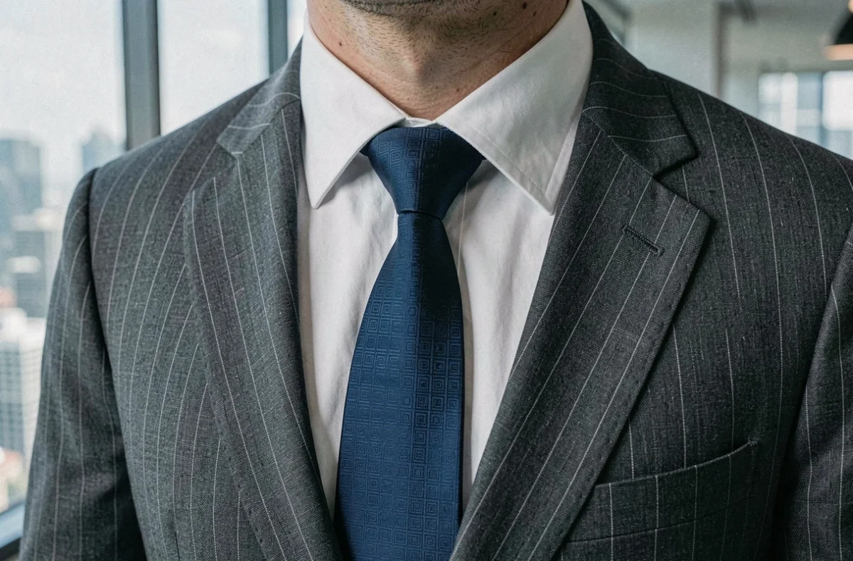 Nœud de cravate double Windsor parfaitement formé sur un costume rayé gris anthracite, vue portrait en milieu professionnel moderne