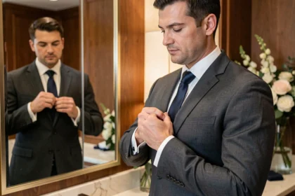 Homme élégant nouant une cravate Windsor devant un miroir dans une chambre d'hôtel, tenue de mariage chic en 2026
