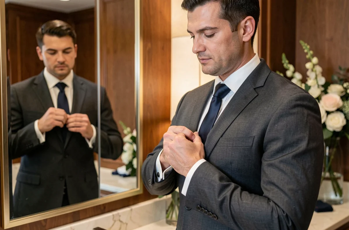 Homme élégant nouant une cravate Windsor devant un miroir dans une chambre d'hôtel, tenue de mariage chic en 2026