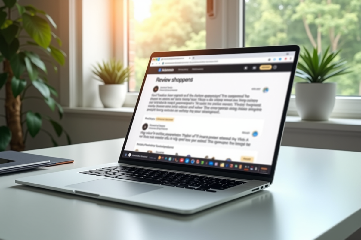 Ordinateur portable moderne sur un bureau lumineux avec page d achat