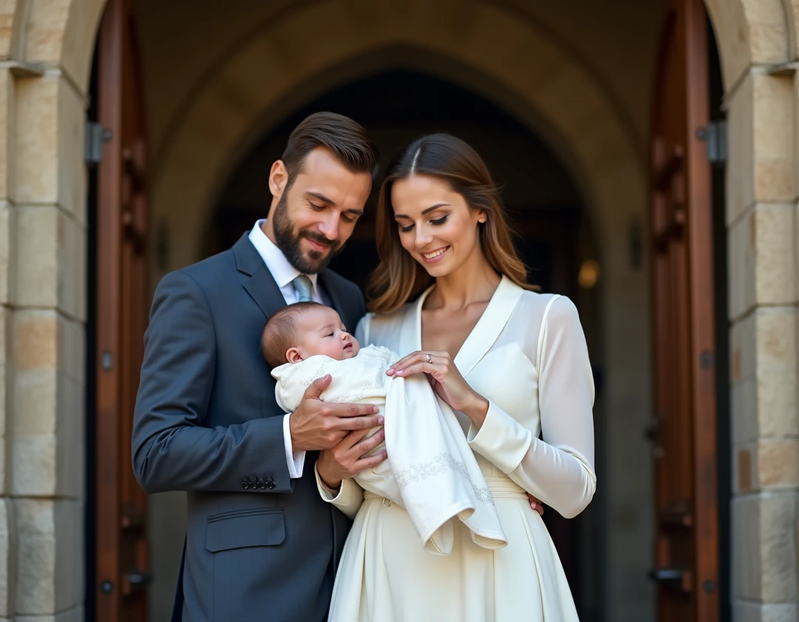 Parents ajustant la robe de baptême de leur bébé garçon à l'entrée d'une église avant la cérémonie