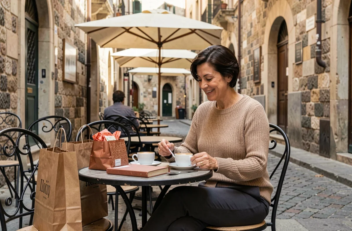 Femme en pause café sur une terrasse de Barcelone entourée de ses achats des soldes espagnoles, dans une ruelle pittoresque du quartier gothique