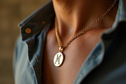 Pendentif en or gravé avec monogramme porté par un homme sur une chaîne gourmette dorée, gros plan éditorial