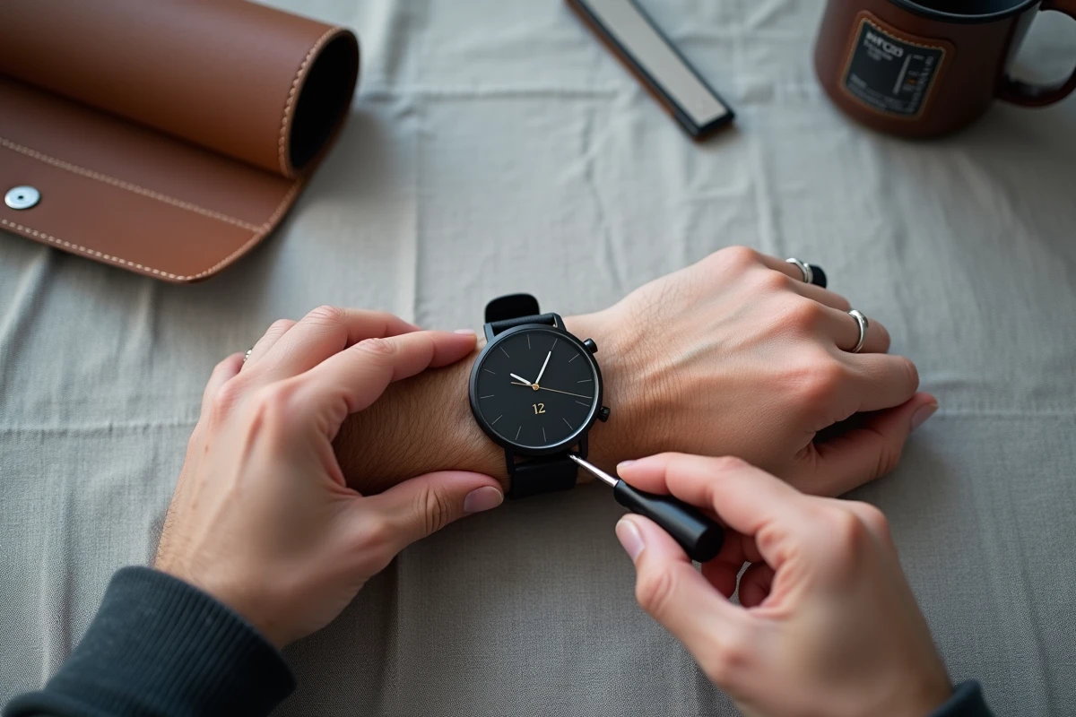 Mains masculines personnalisant et ajustant une montre homme abordable sur fond de lin gris