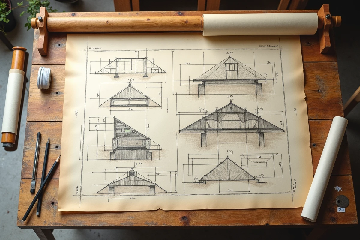 Plans d'architecte sur une table à dessin montrant des formes trapèzes dans des esquisses techniques de bâtiments et structures