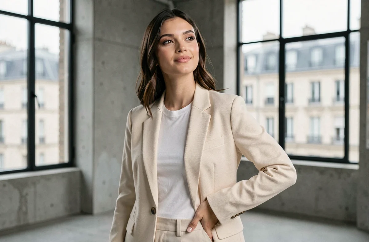 Portrait éditorial d'une jeune femme stylée en blazer crème dans un studio parisien minimaliste, pose assurée et élégante