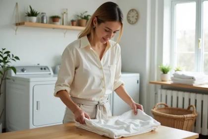 Femme préparant ses vêtements avant de les déposer en pressing, en les pliant soigneusement sur une table en bois à la maison