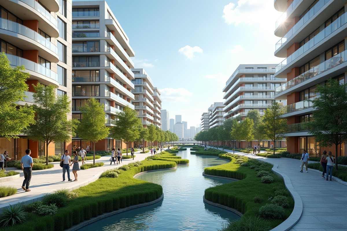 Quartier innovant avec bâtiments verts et espaces piétons
