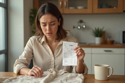 Femme examenant un reçu ZARA et un vêtement défectueux à la maison pour préparer une réclamation consommateur