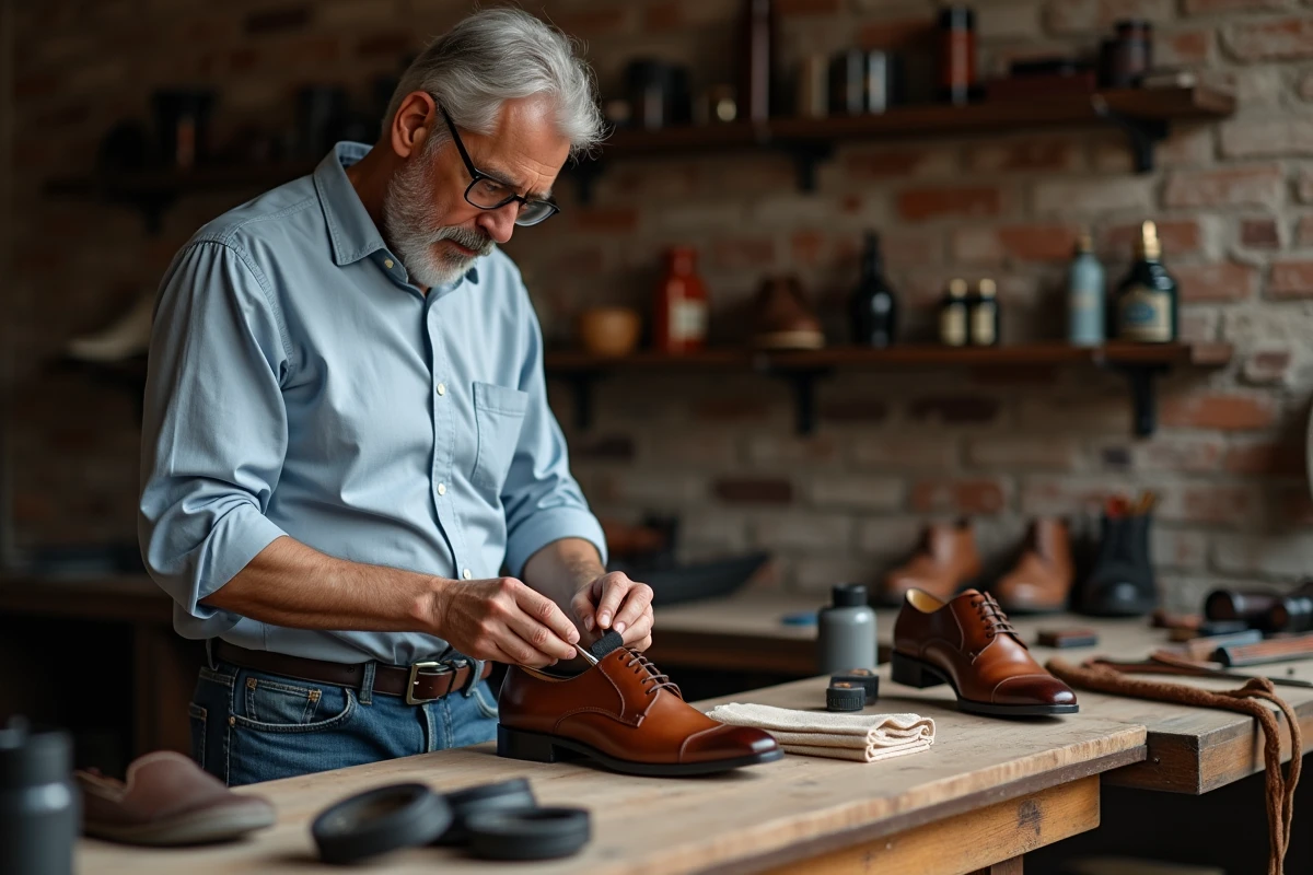 Homme appliquant de la teinture sur une chaussure en cuir