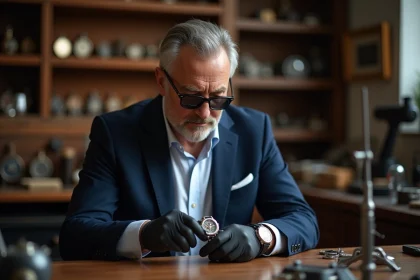 Horloger homme examine une montre pr&eacute;cieuse avec loupe