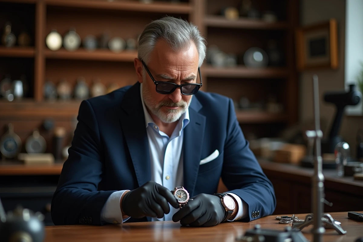 Horloger homme examine une montre précieuse avec loupe