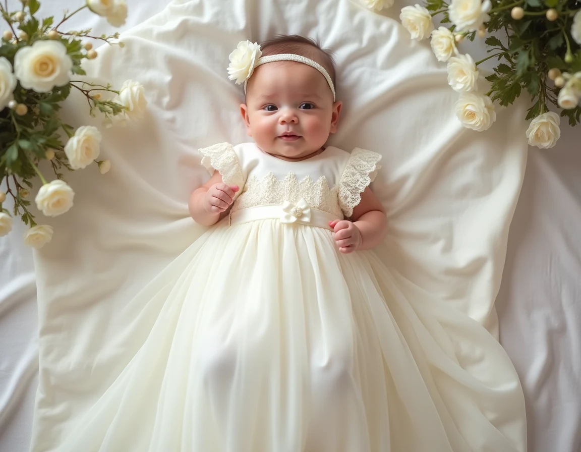 Bébé fille en robe de baptême ivoire avec dentelle délicate allongée sur un tissu lin blanc