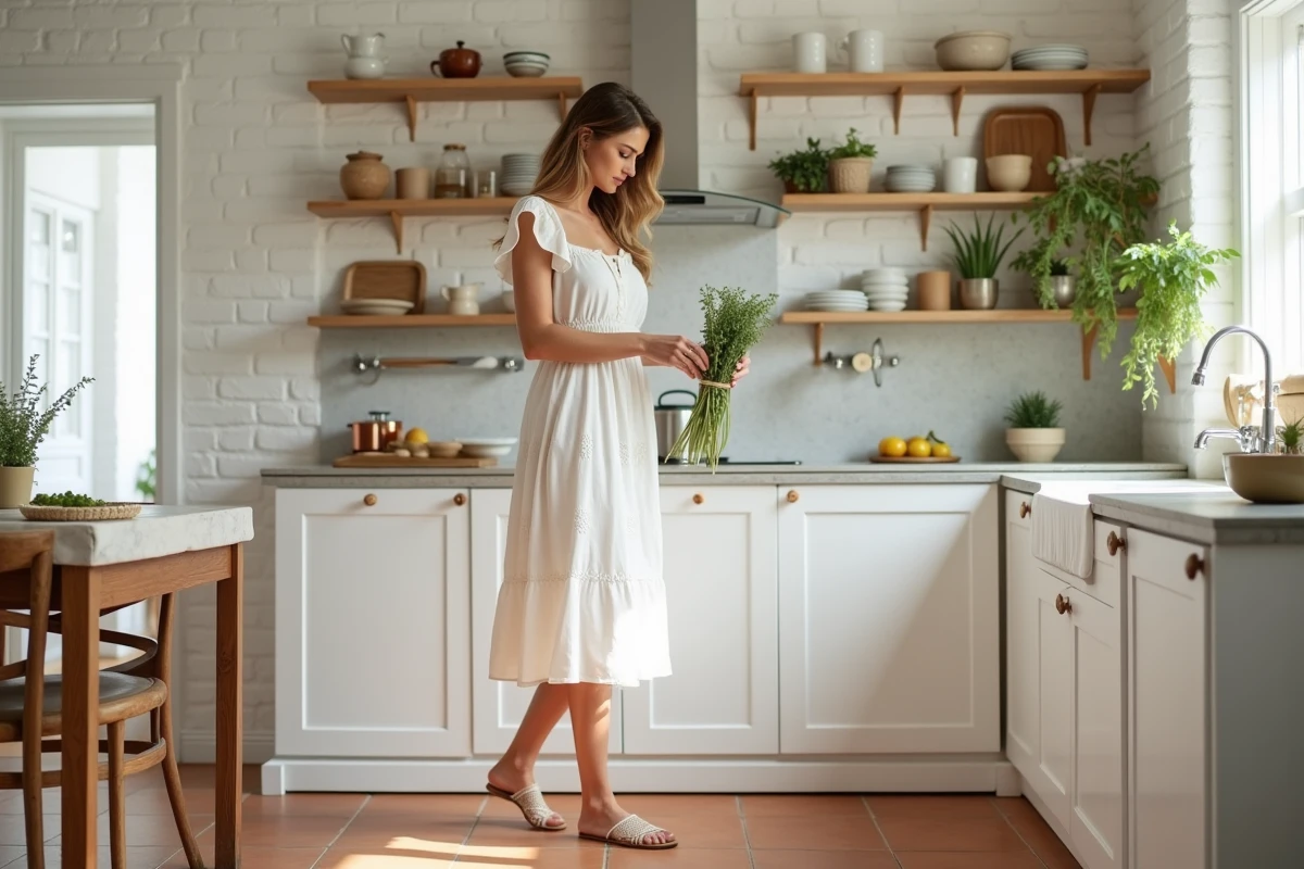 Femme en robe blanche midi broderie anglaise dans une cuisine lumineuse style maison décontracté chic