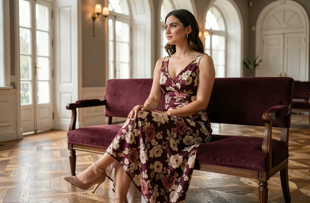 Robe cocktail fleurie bordeaux portée en intérieur élégant, assise sur un banc en velours